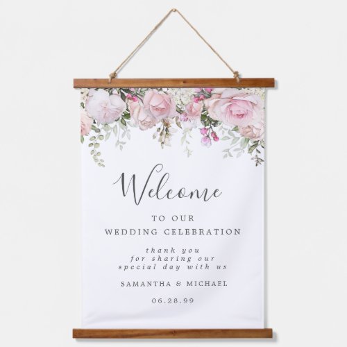 White Pink Floral Welcome to Our Wedding Sign Hanging Tapestry