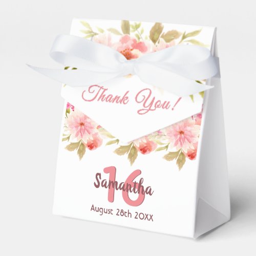 White pink florals name thank you Sweet 16 Favor Boxes