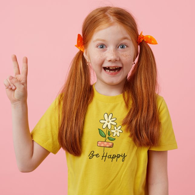 White Pink Flower Be Happy Kids T-Shirt (Creator Uploaded)