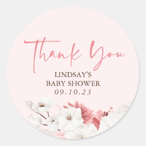 White Pink Flowers Boho Elegant Thank You Classic Round Sticker