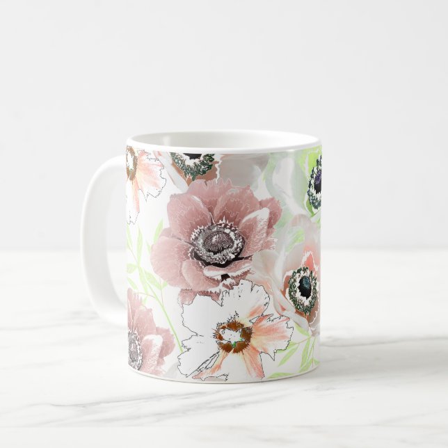 White, pink flowers.  coffee mug (Front Left)