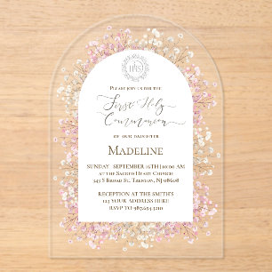 white pink flowers First Holy Communion Acrylic Invitations