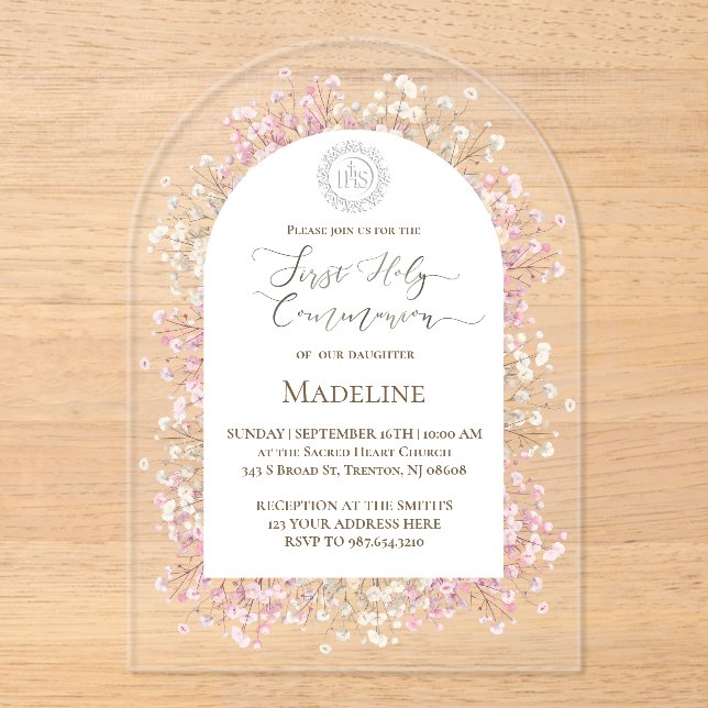 white pink flowers First Holy Communion Acrylic Invitations (Front)