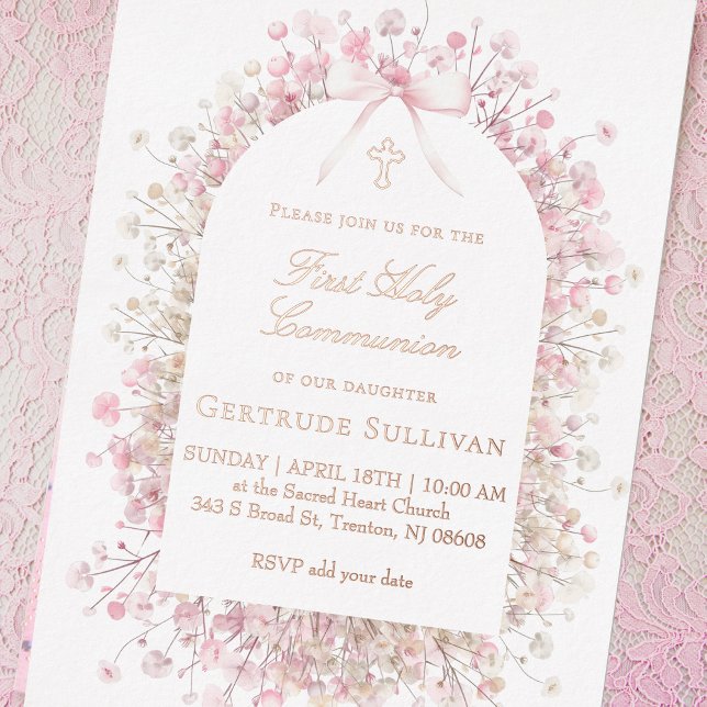 white pink flowers | First Holy Communion Foil Invitation (Creator Uploaded)