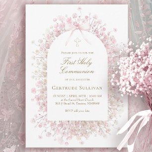 white pink flowers   First Holy Communion Invitation