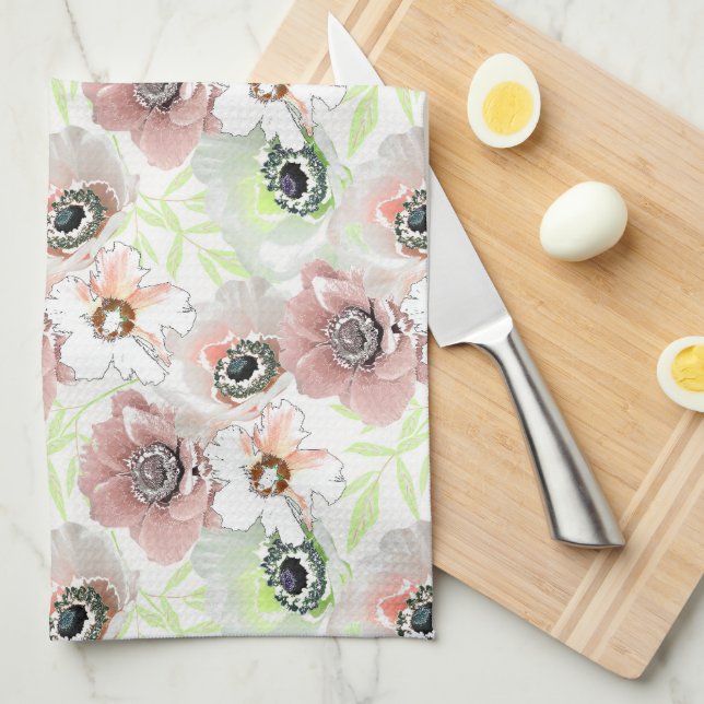 White, pink flowers.  kitchen towel (Quarter Fold)