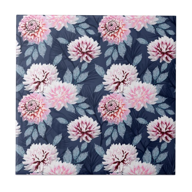  White, pink flowers on dark blue. Ceramic Tile (Front)