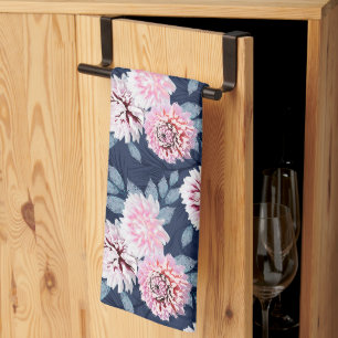  White, pink flowers on dark blue. Kitchen Towel