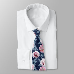White, pink flowers on dark blue. Neck Tie