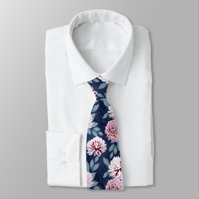  White, pink flowers on dark blue. Neck Tie (Tied)