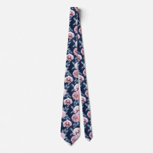  White, pink flowers on dark blue. Neck Tie