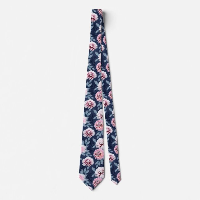  White, pink flowers on dark blue. Neck Tie (Front)