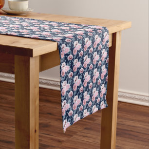 White, pink flowers on dark blue. Short Table Runner