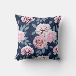  White, pink flowers on dark blue. Throw Pillow