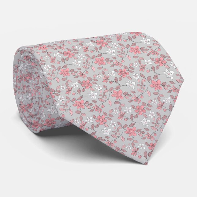 White pink flowers on gray background.  neck tie (Rolled)