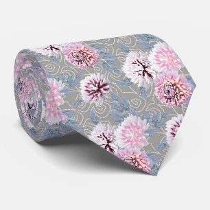 White, pink flowers on grey. neck tie