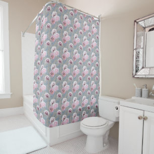 White, pink flowers on grey. shower curtain