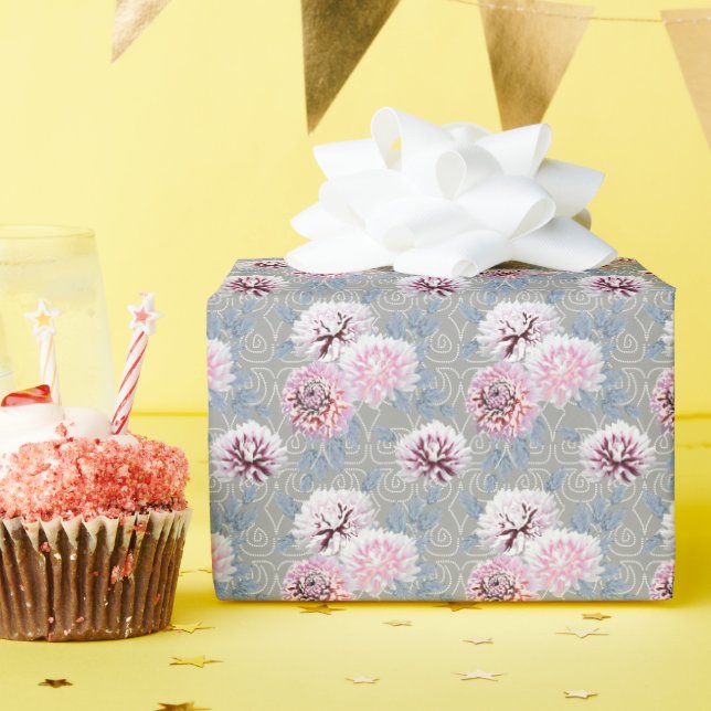 White, pink flowers on grey. wrapping paper (Birthday Party)