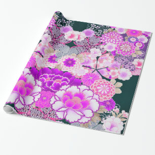 WHITE PINK FLOWERS Peony,Roses Japanese Floral Wrapping Paper