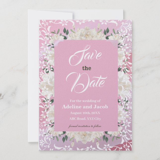 White & pink flowers & stencils SAVE THE DATE card (Front)