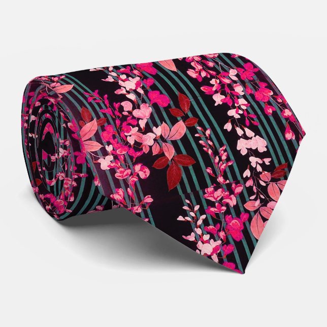 WHITE PINK FLOWERS,TEAL BLUE BLACK STRIPES Floral  Neck Tie (Rolled)