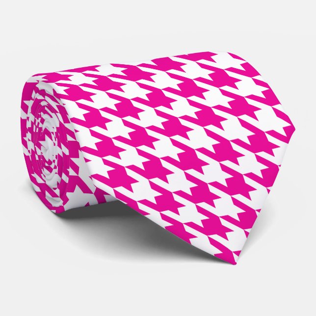 White Pink Fuchsia Pied de Poule Houndstooth Neck Tie (Rolled)