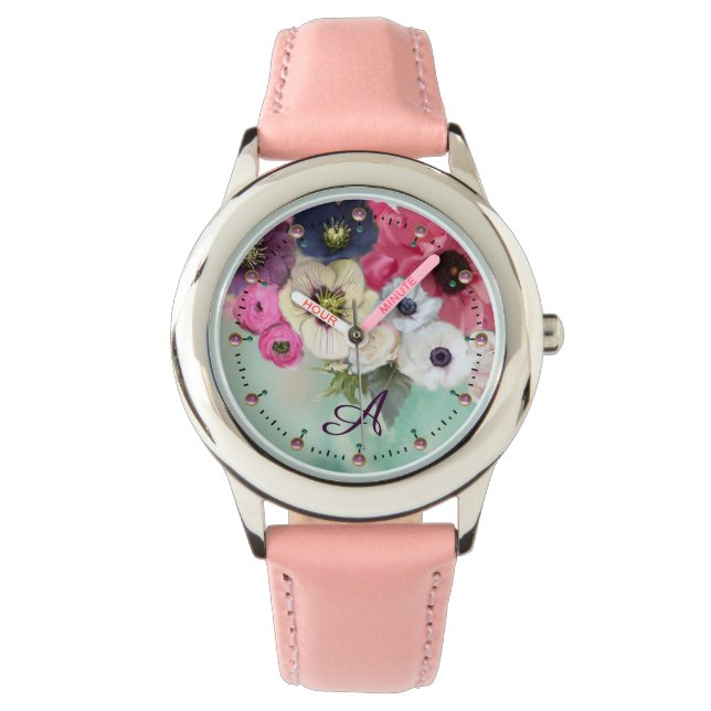 WHITE PINK FUCHSIA ROSES,ANEMONE FLOWERS MONOGRAM WATCH (Front)