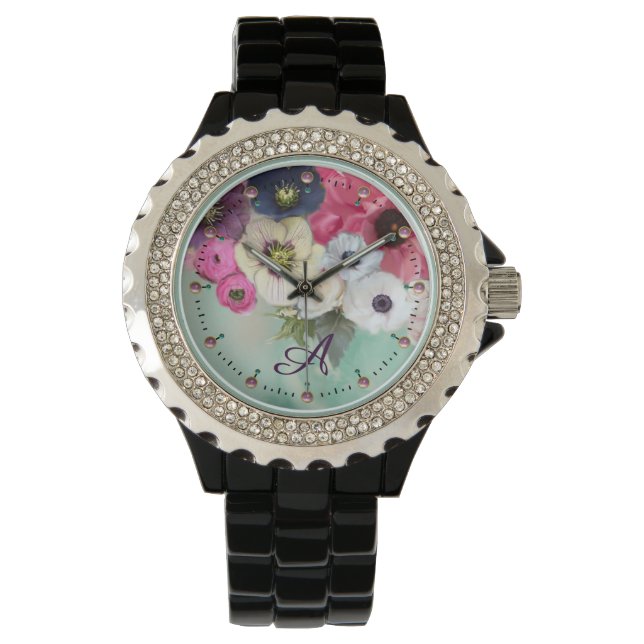 WHITE PINK FUCHSIA ROSES,ANEMONE FLOWERS MONOGRAM WATCH (Front)
