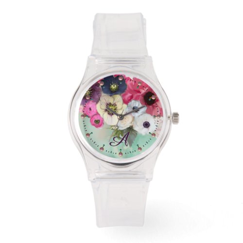 WHITE PINK FUCHSIA ROSESANEMONE FLOWERS MONOGRAM WATCH