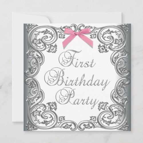 White Pink Girls 1st Birthday Party Custom Invitation