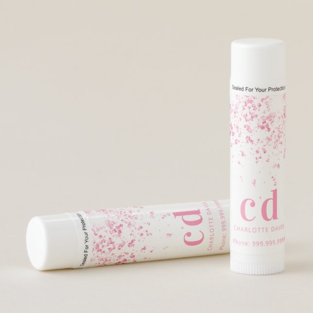 White pink glitter custom monogram business lip balm (Front)