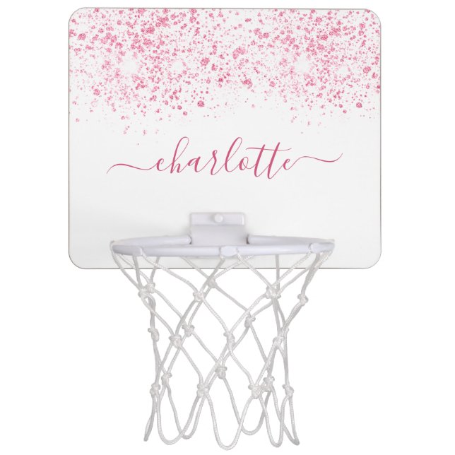 White pink glitter custom monogram name script mini basketball hoop (Front)