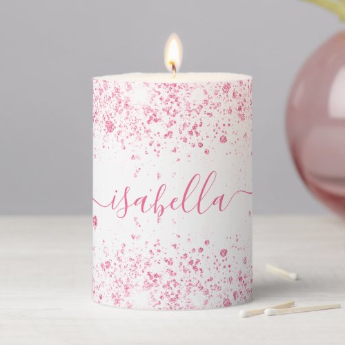 White pink glitter dust name script elegant pillar candle