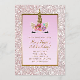 White Pink Glitter Gold Unicorn Birthday Party Invitation
