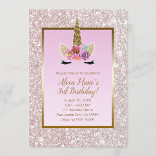 White Pink Glitter Gold Unicorn Birthday Party Invitation
