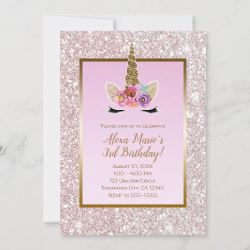 White Pink Glitter Gold Unicorn Birthday Party Invitation