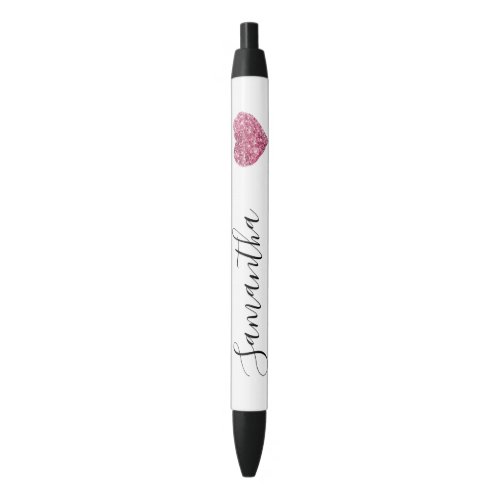 White Pink Glitter Heart Personalized Name Black Ink Pen