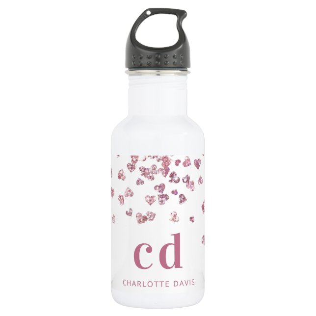 White pink glitter hearts monogram initials stainless steel water bottle (Front)