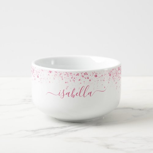 White pink glitter name script soup mug