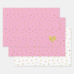 White Pink Gold Dots Heart Birthday Wrapping Paper Sheets