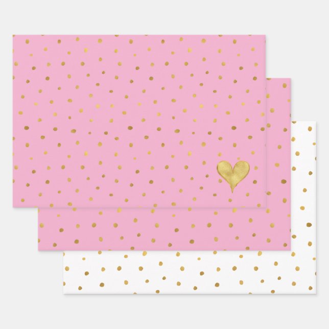 White Pink Gold Dots Heart Birthday Wrapping Paper Sheets (Set)