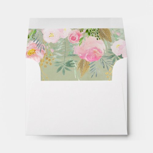 White Pink Gold Floral Sage Green Wedding Envelope