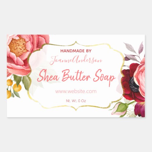White Pink Gold Floral Watercolor Shea Butter Soap Rectangular Sticker