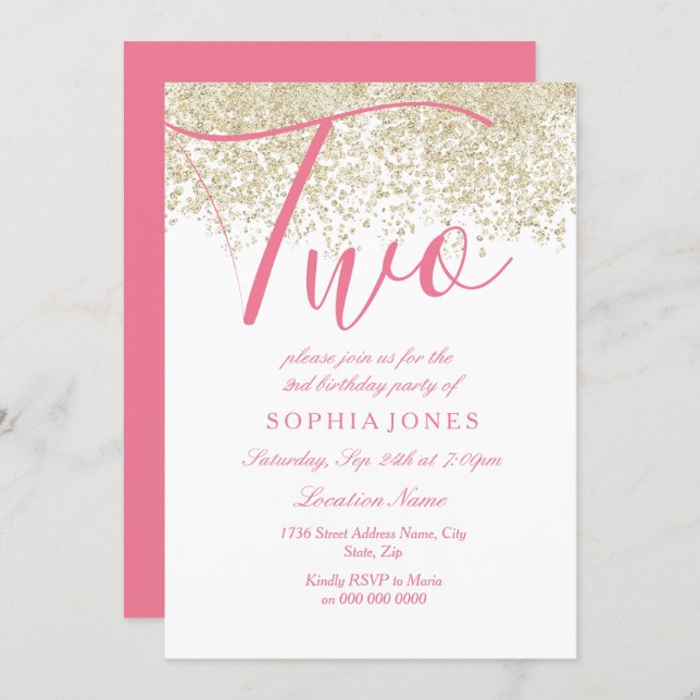 White Pink Gold Glitter 2nd birthday party Invite (Front/Back)