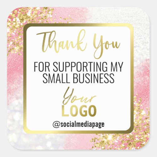 White Pink Gold Glitter Thank You Business Logo Square Sticker