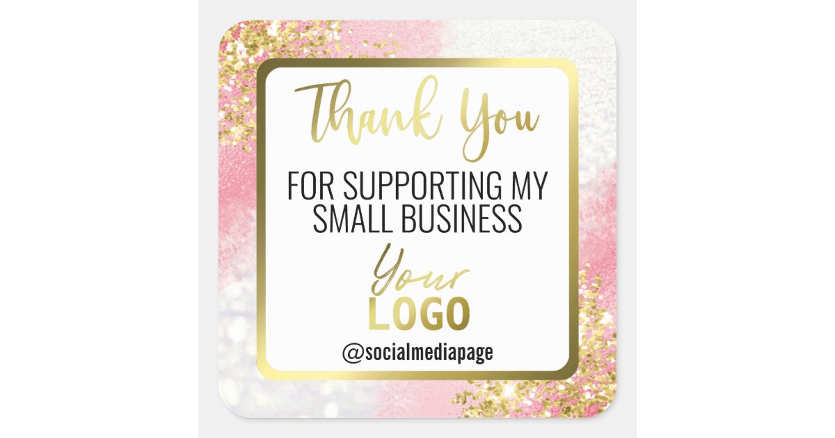 White Pink Gold Glitter Thank You Business Logo Square Sticker | Zazzle