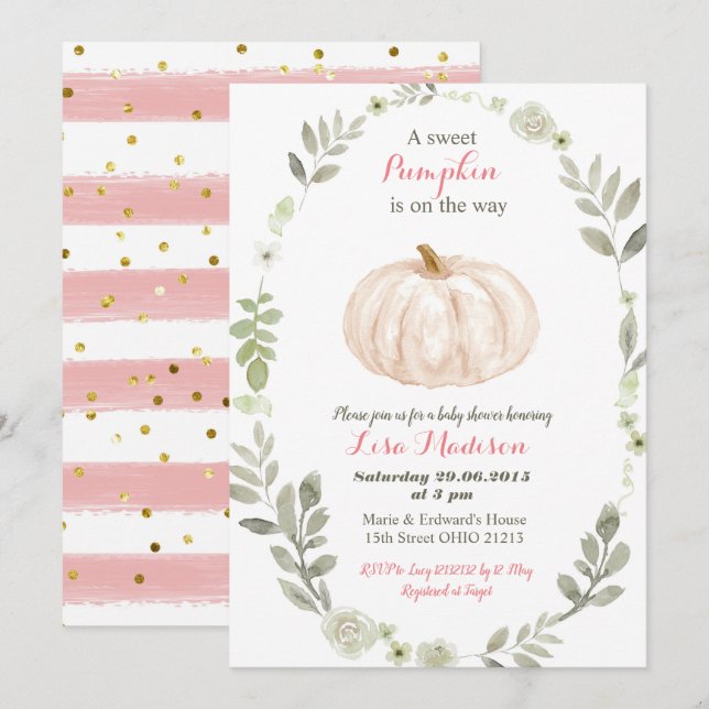 White Pink Gold Pumpkin baby shower Invitation (Front/Back)