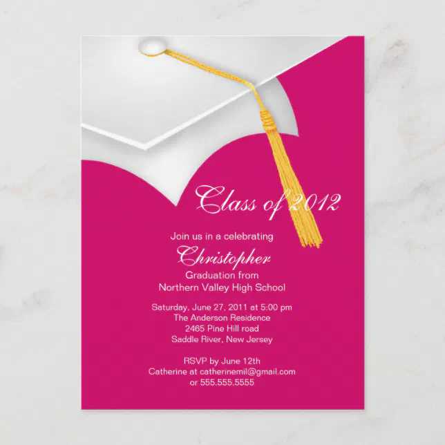 Pink Grad Invite Template White Pink Grad Cap Graduation Party Invitation Postcard | Zazzle