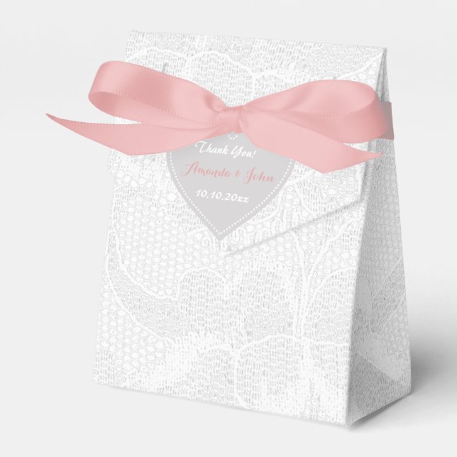 White Pink Gray Lace Wedding Favor Thank You Boxes (Front Side)