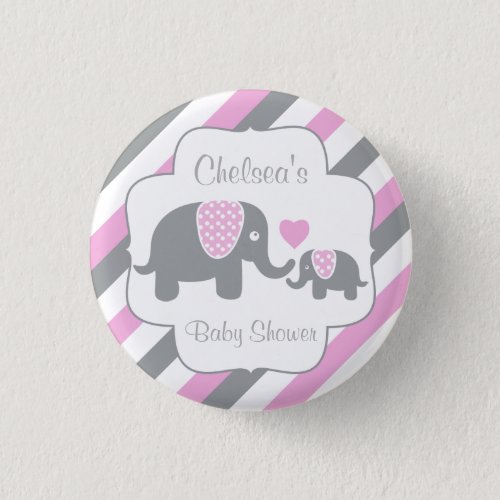 White Pink  Gray Stripe Elephants Baby Shower Button